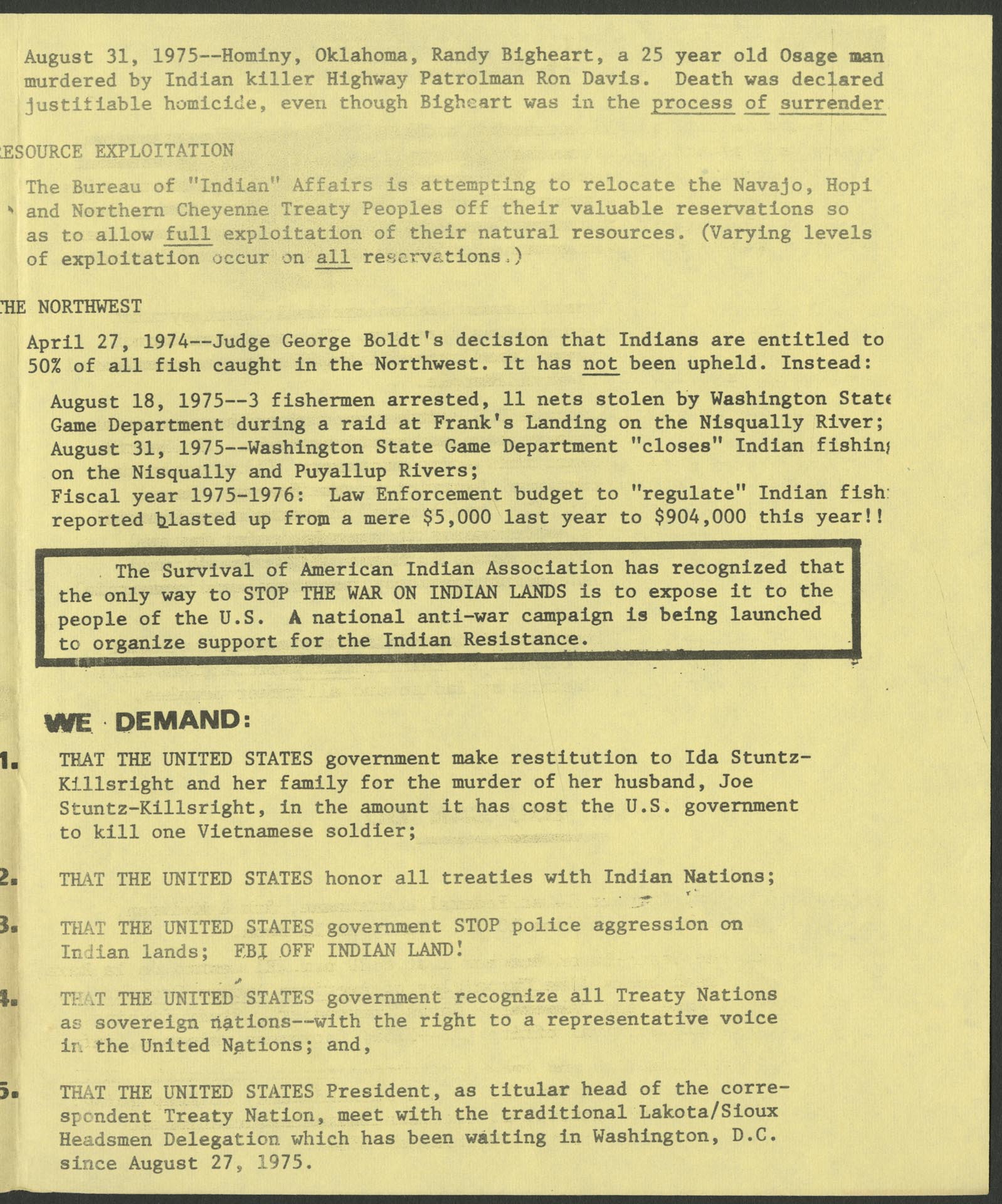 Image of Flier promoting Indian resistance, Seattle, October 14, 1975