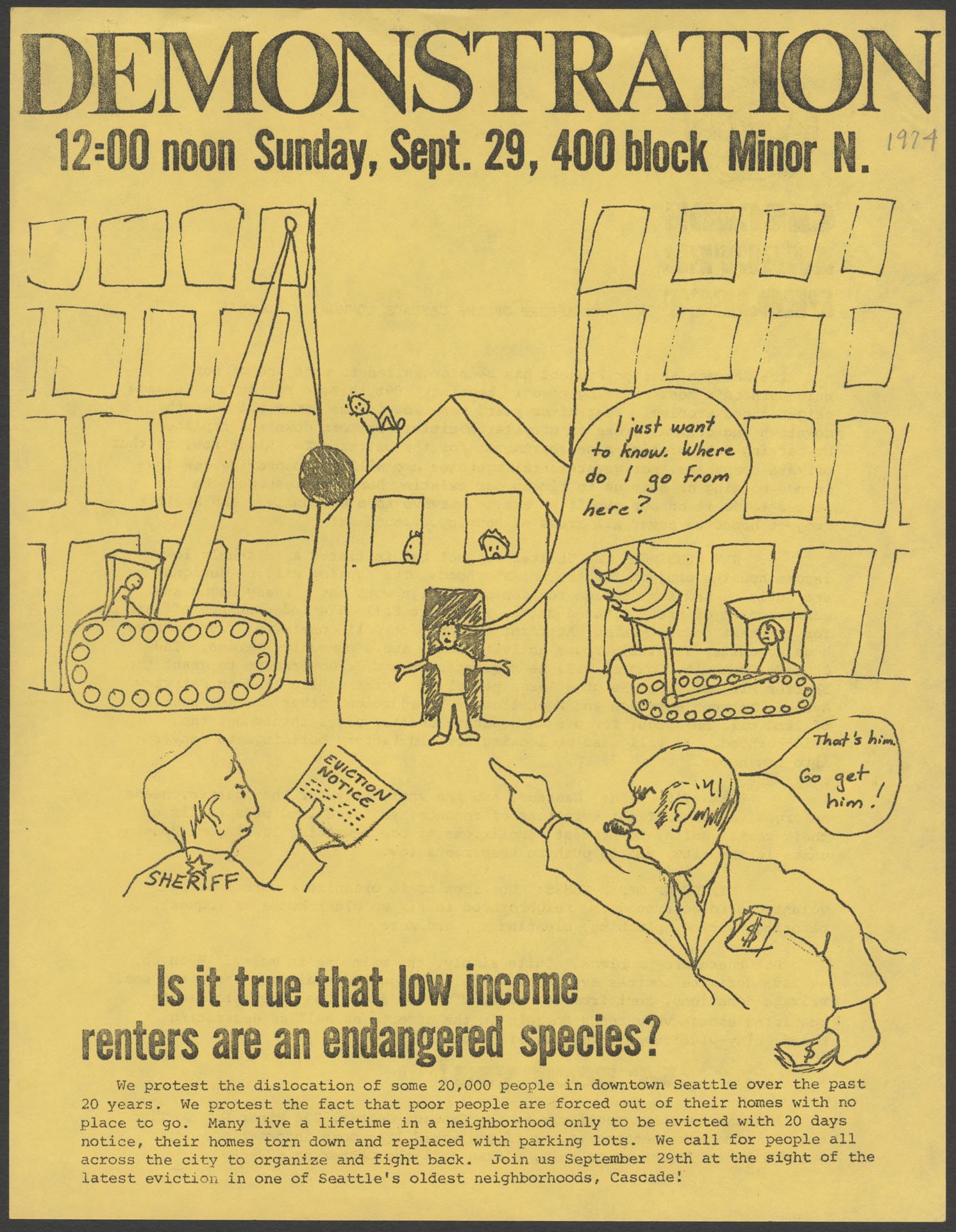 Image of Flier protesting displacement of low-income renters, Seattle, September 29, 1974