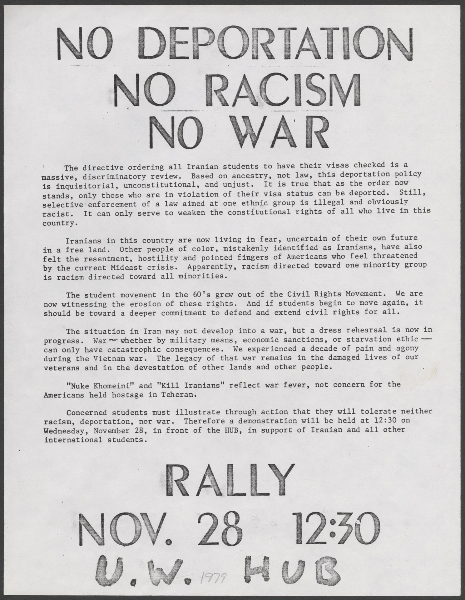 Image of Rally to protest Iranian student deportation flier, Seattle, November 28, 1979
