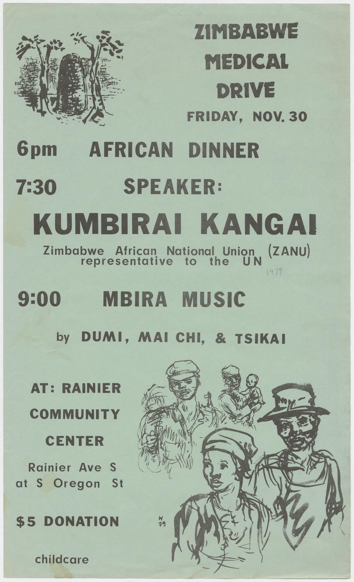 Image of Zimbabwe Medical Drive dinner and speaker flier, Seattle, November 30, 1979