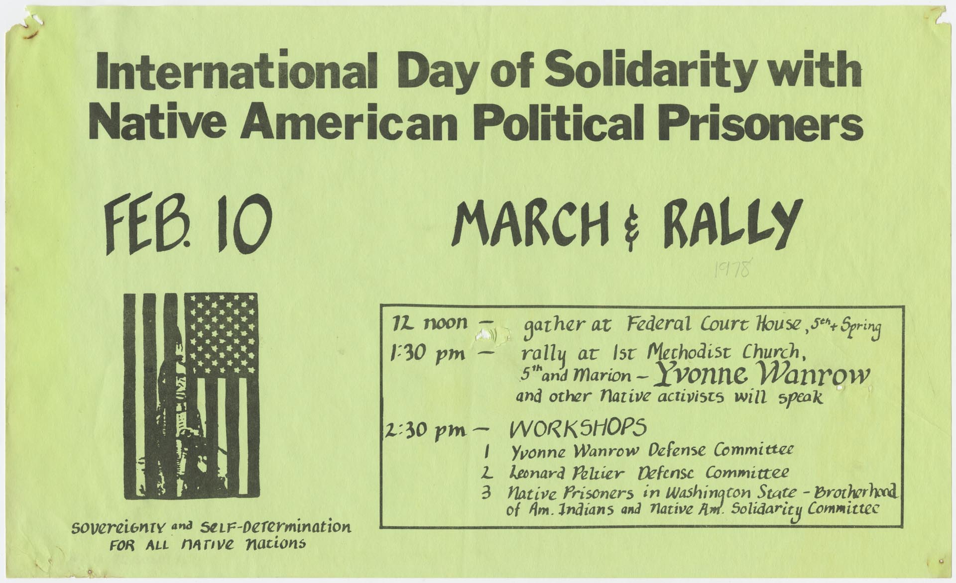 Image of International Day of Solidarity with Native American Political Prisoners flier, Seattle, February 10, 1978