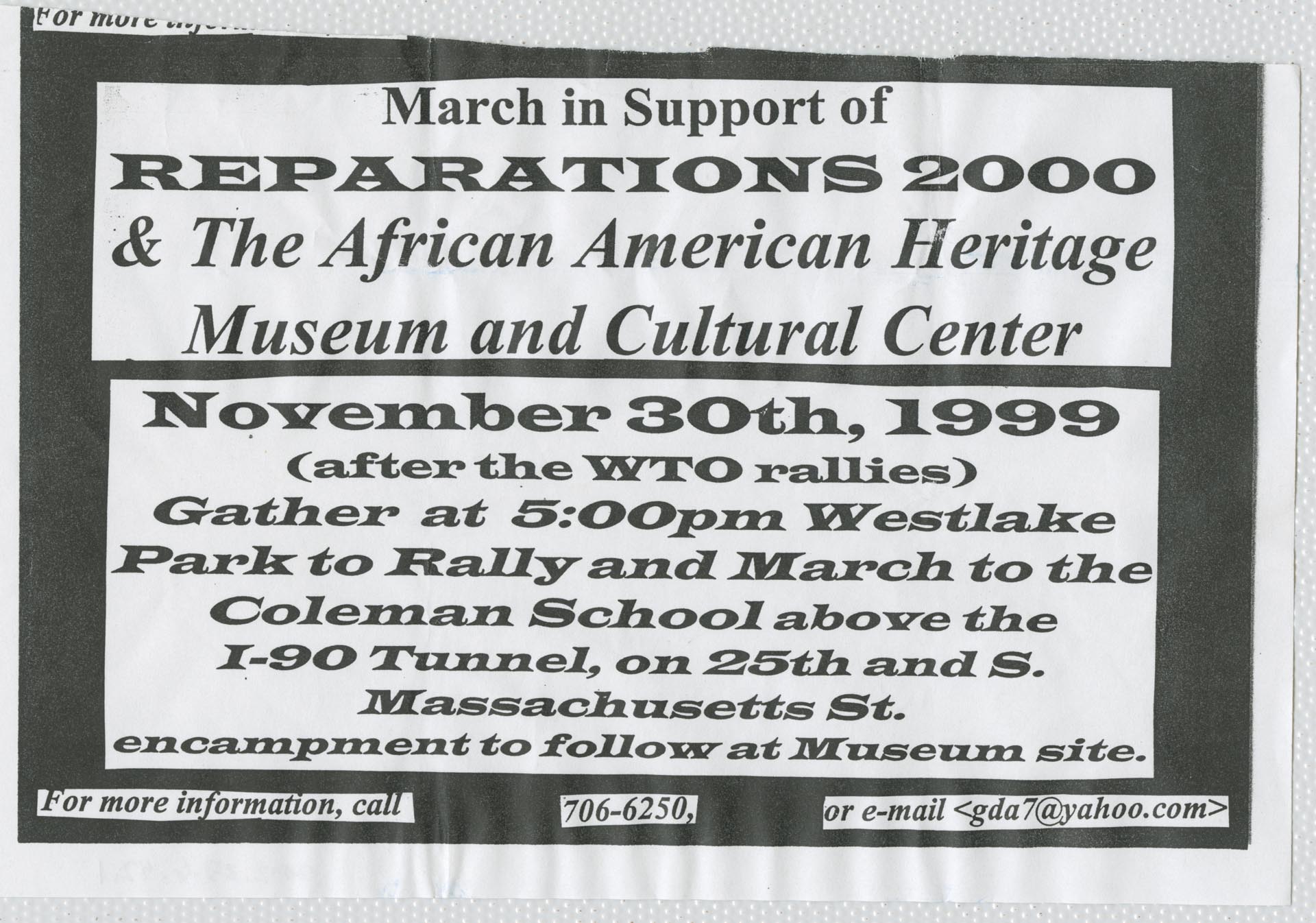 Image of Reparations 2000 march flier, Seattle, November 30, 1999