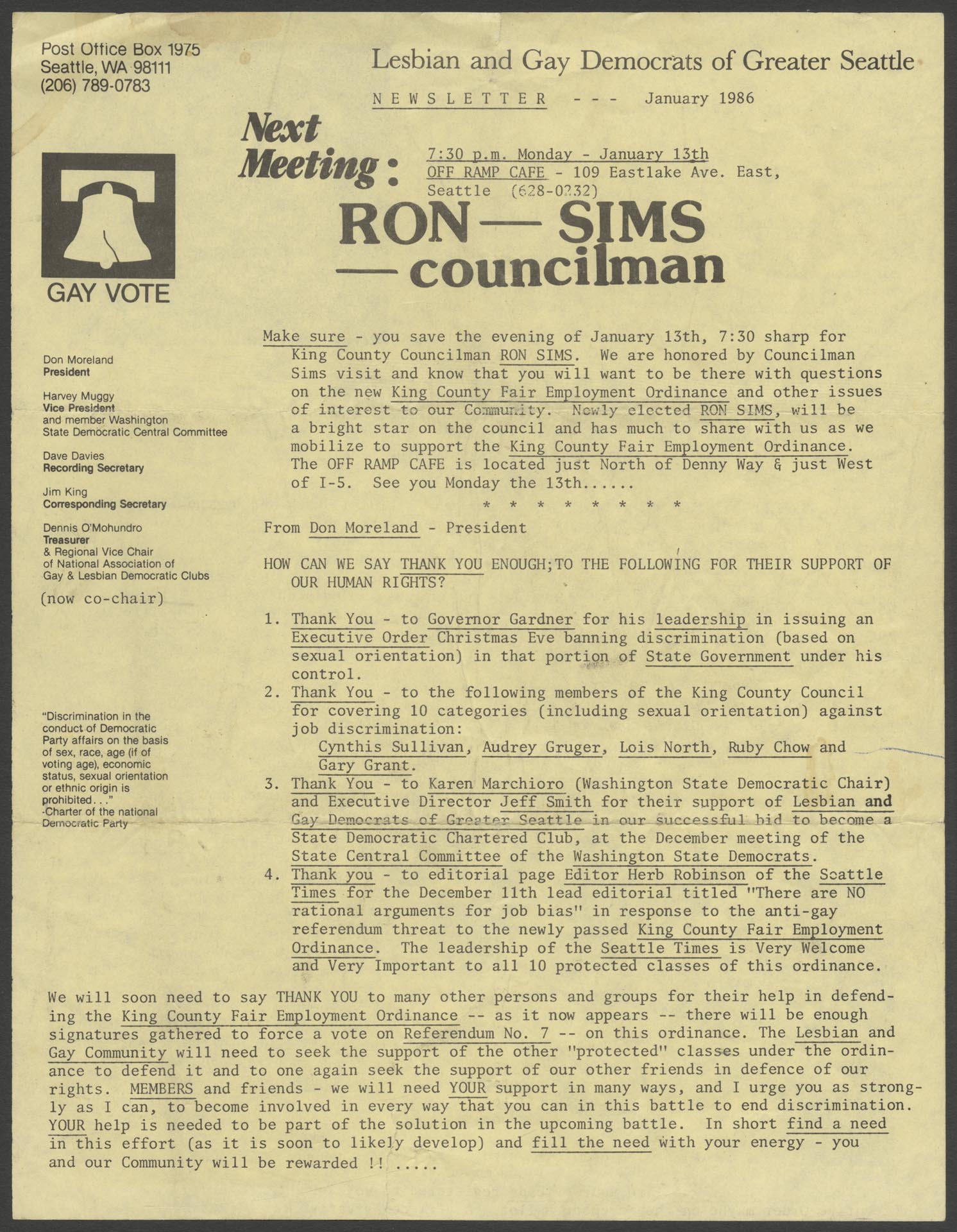 Image of Lesbian and Gay Democrats of Greater Seattle newsletter, January 1986