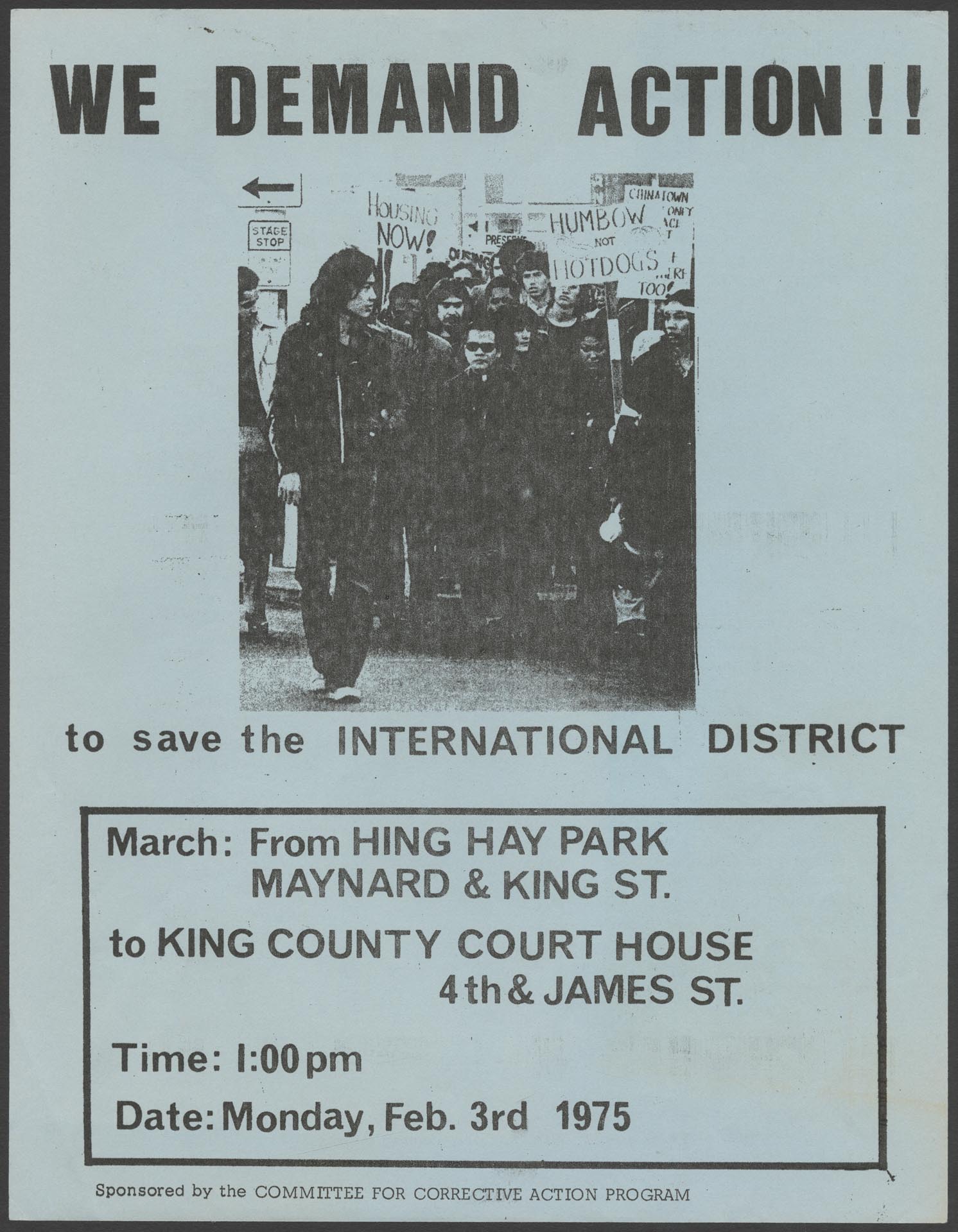 Image of Committee for Corrective Action march flier, Seattle, February 3, 1975