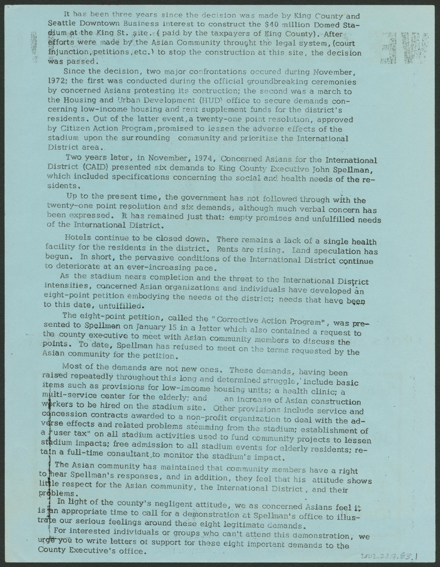 Image of Committee for Corrective Action march flier, Seattle, February 3, 1975