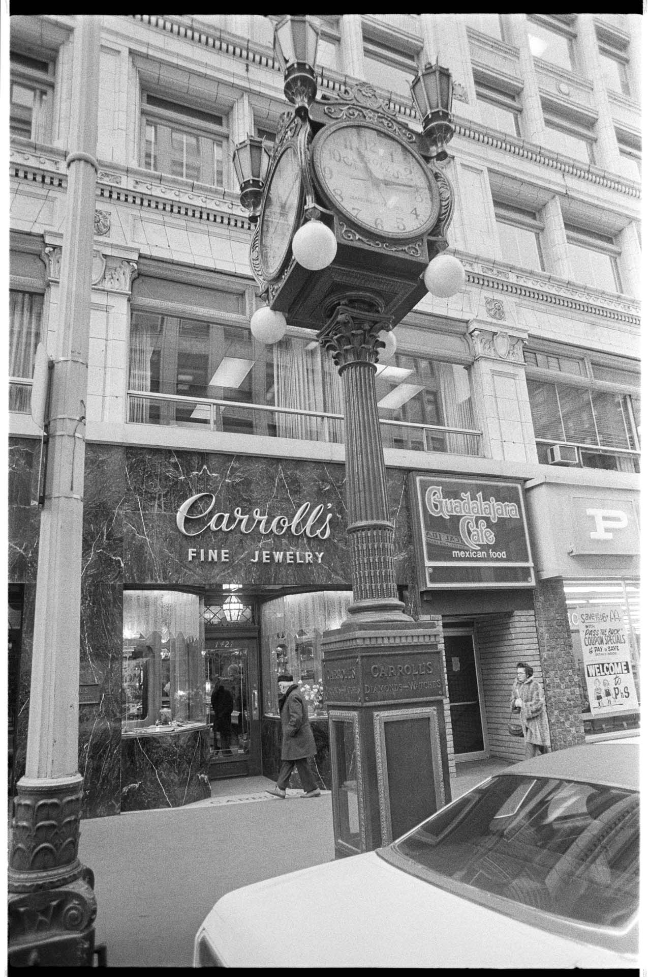Image of Street clock outside Carroll's Jewelers, Seattle, February 1975