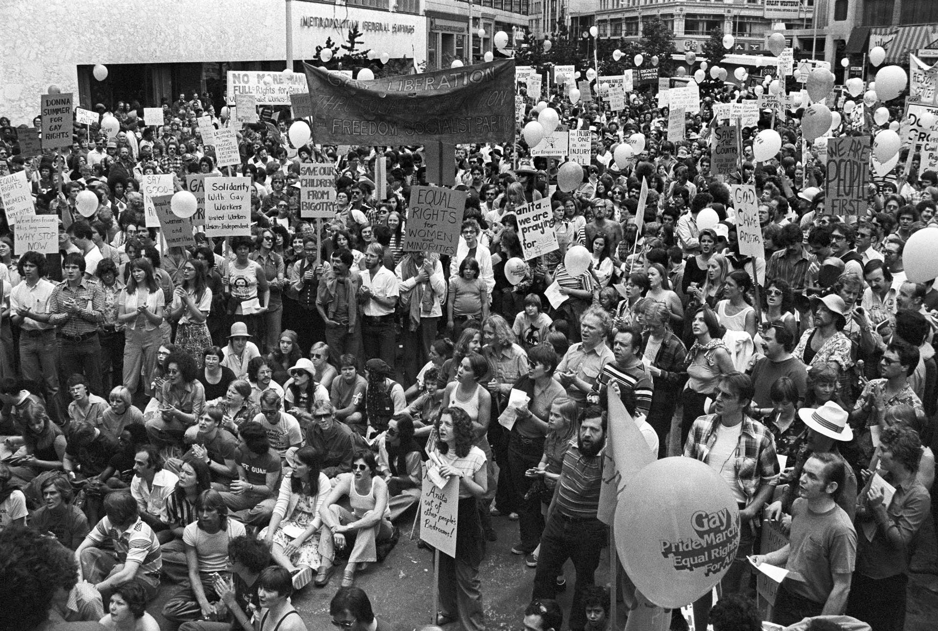 Image of Gay Pride Parade rally at Westlake Mall, Seattle, June 25, 1977