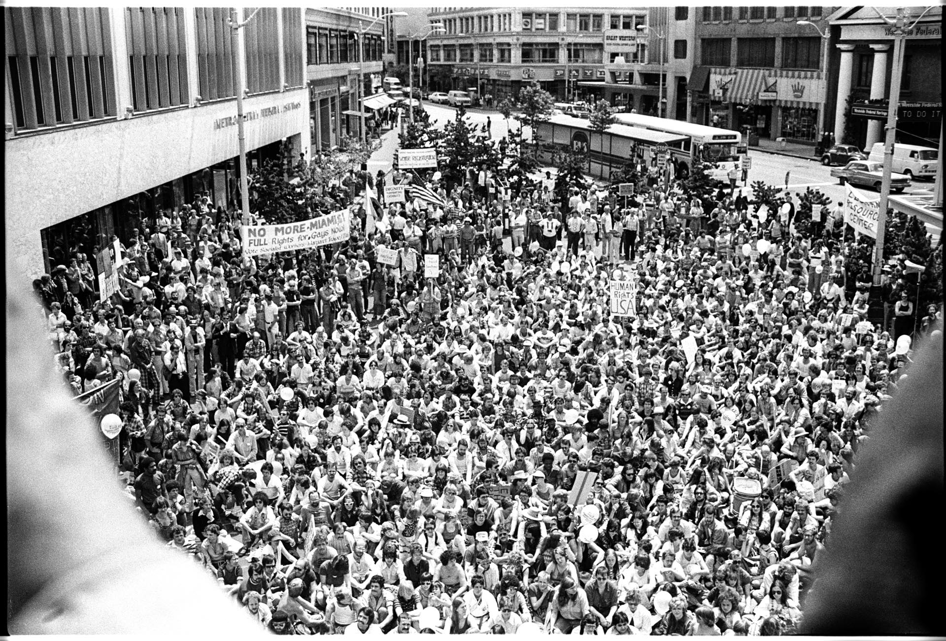 Image of Gay Pride Parade rally at Westlake Mall, Seattle, June 25, 1977
