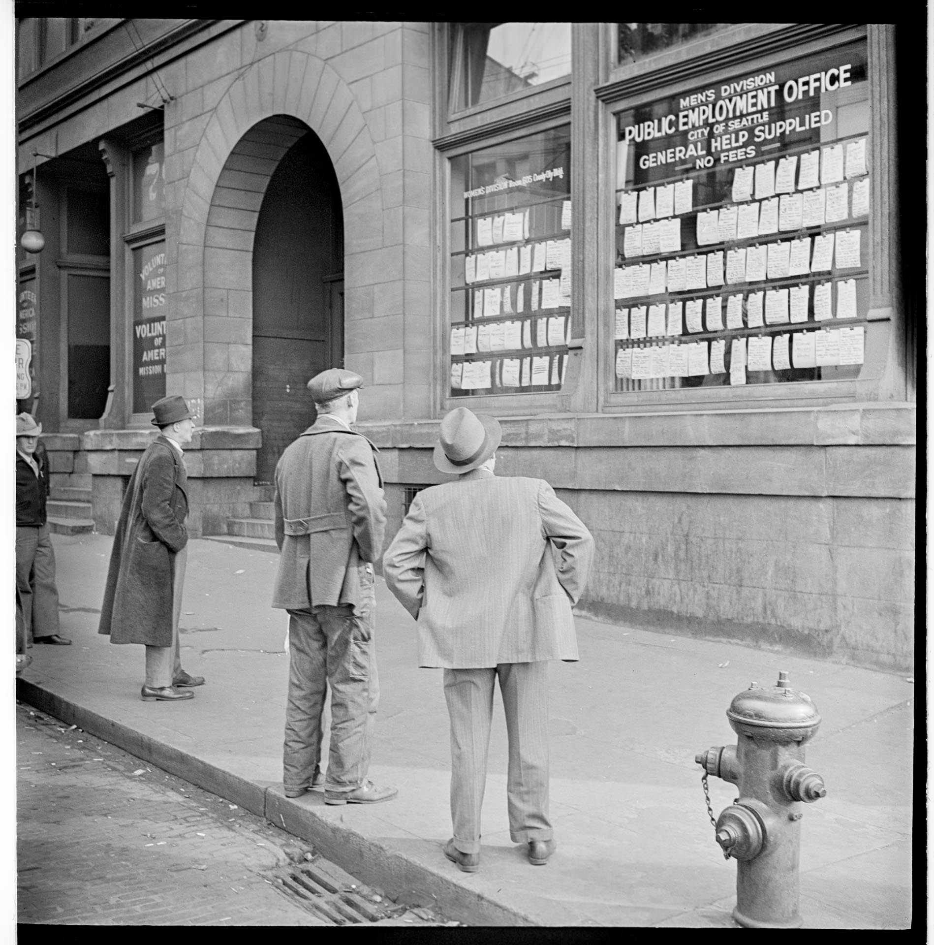 Image of Men outside of the Public Employment Office, Seattle, circa 1936