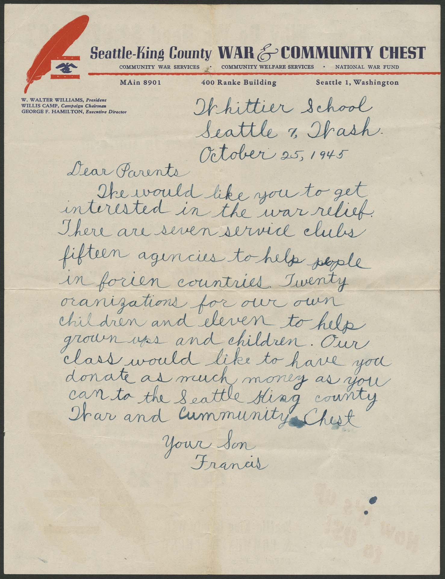 Image of Letter from Francis Clowers about donating to the War & Community Chest campaign, Seattle, October 25, 1945