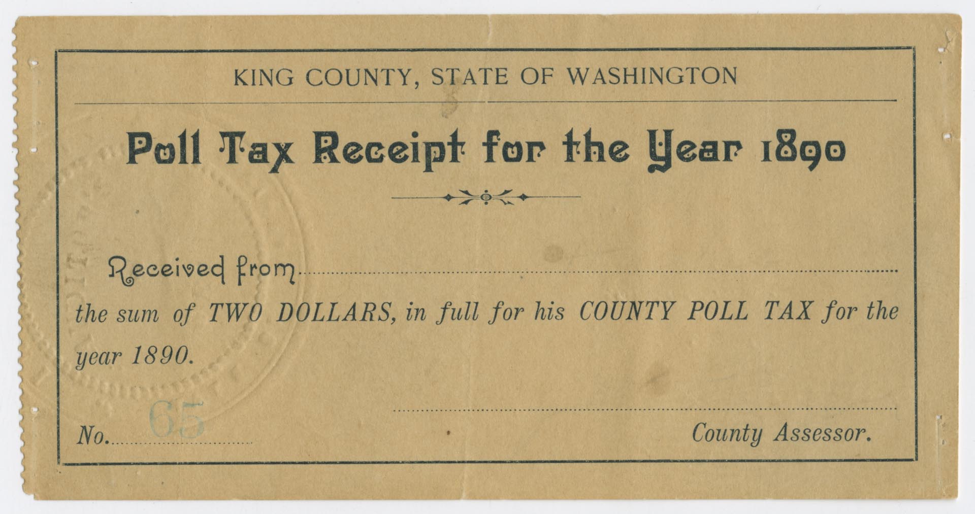 Image of Poll tax receipt, King County, 1890