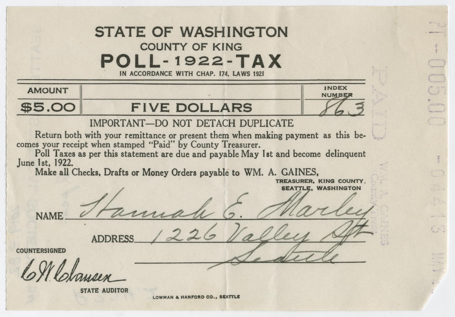 Image of Hannah E. Marley poll tax receipt, King County, 1922