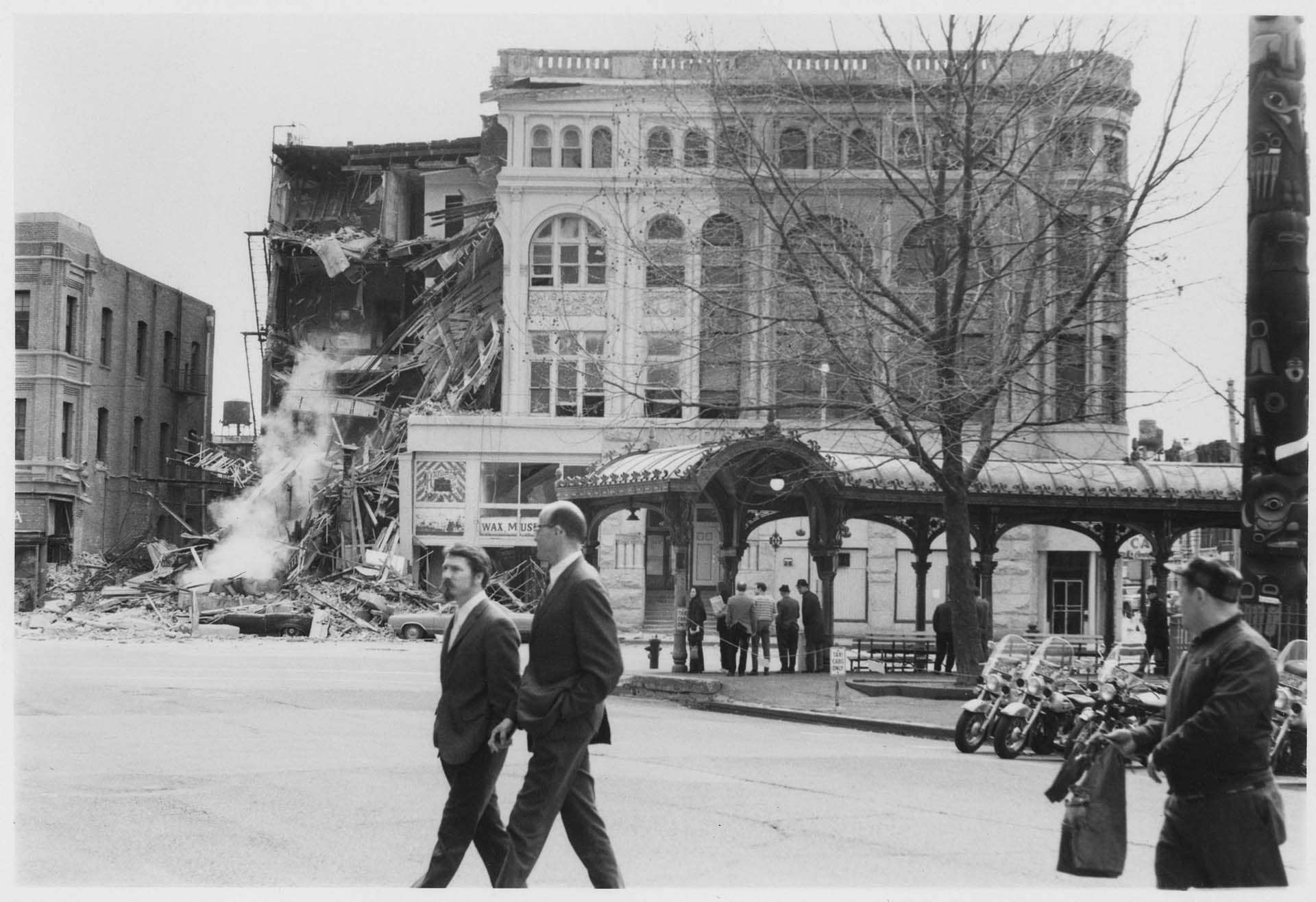 Image of Pioneer Square showing collapsed Olympic Block building, Seattle, March 23, 1972