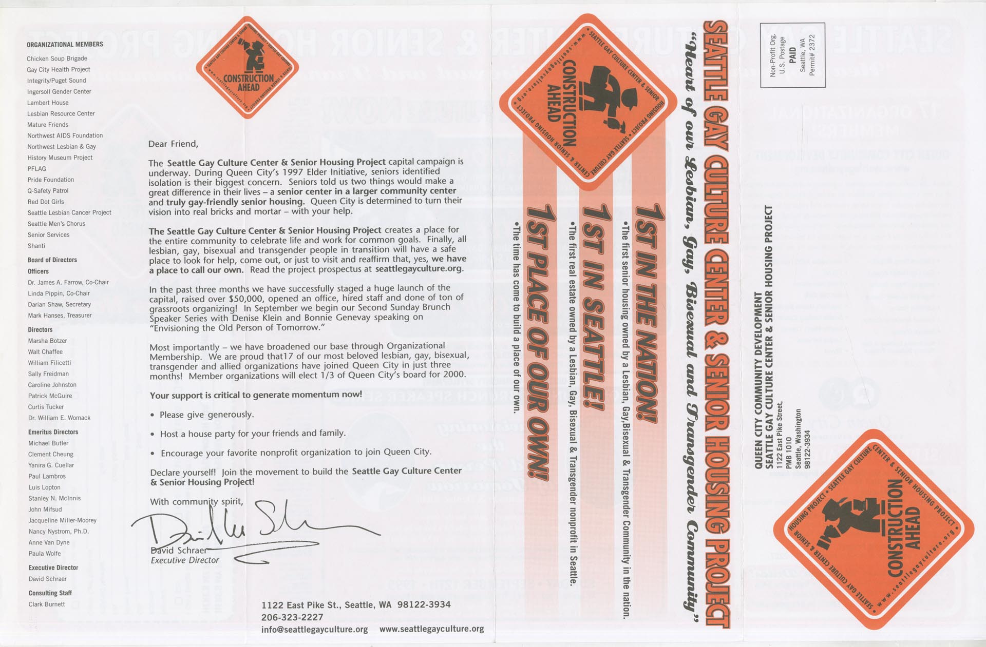 Image of Seattle Gay Culture Center and Senior Housing Project mailer, 2000