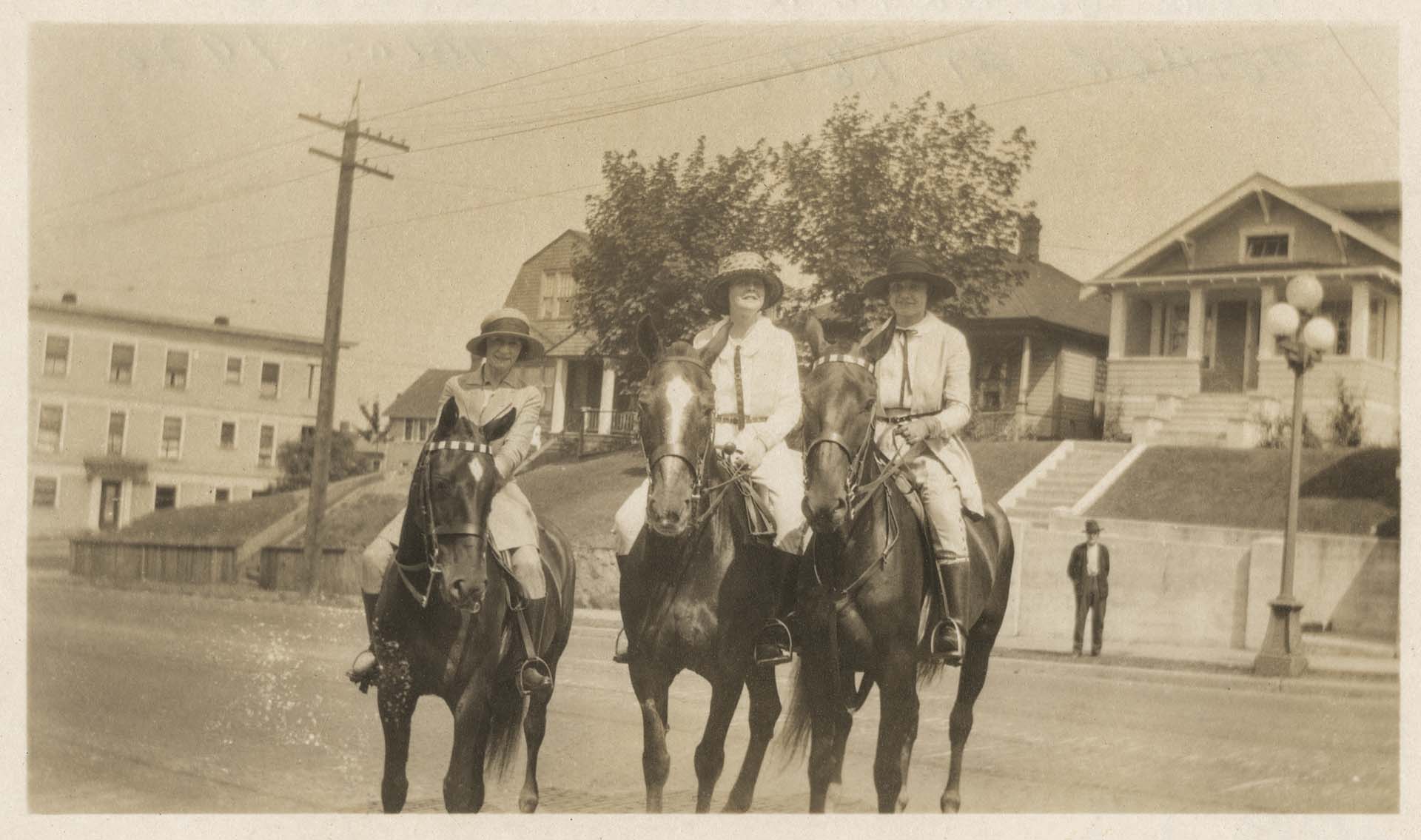 Image of Three women on horseback, Seattle, circa 1920