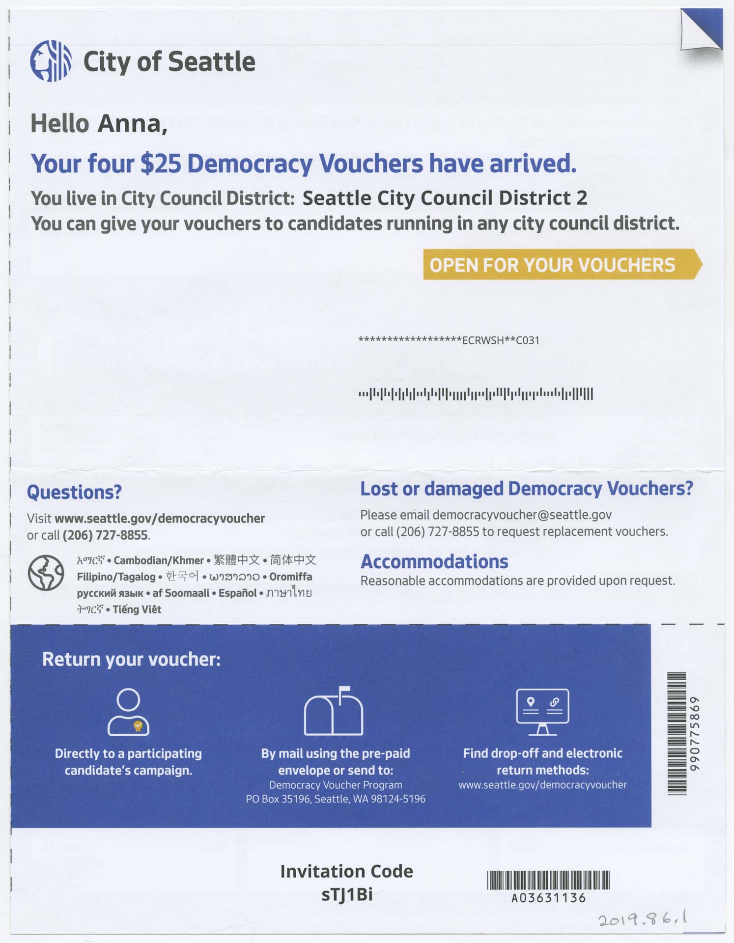 Image of City of Seattle Democracy Vouchers for Seattle City Council District 2, 2019
