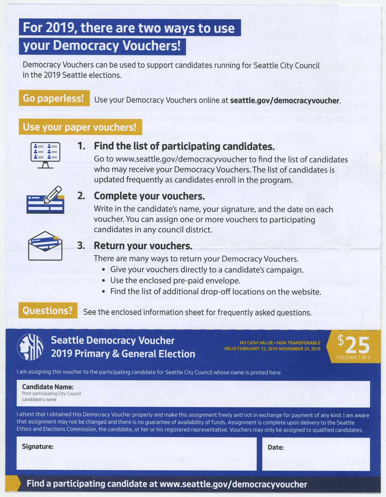 Image of City of Seattle Democracy Vouchers for Seattle City Council District 2, 2019