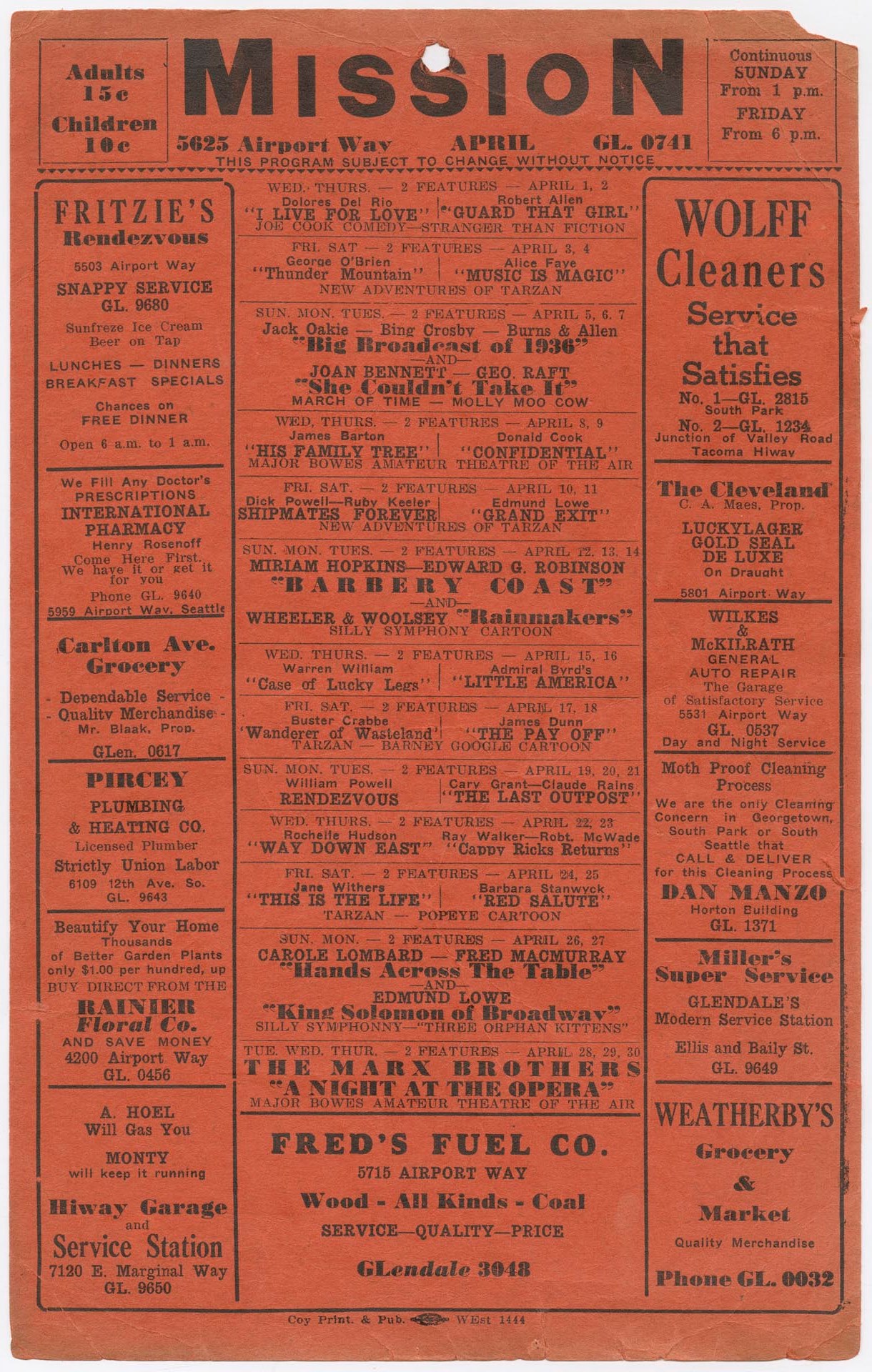 Image of Mission Theatre program, Seattle, April 1936