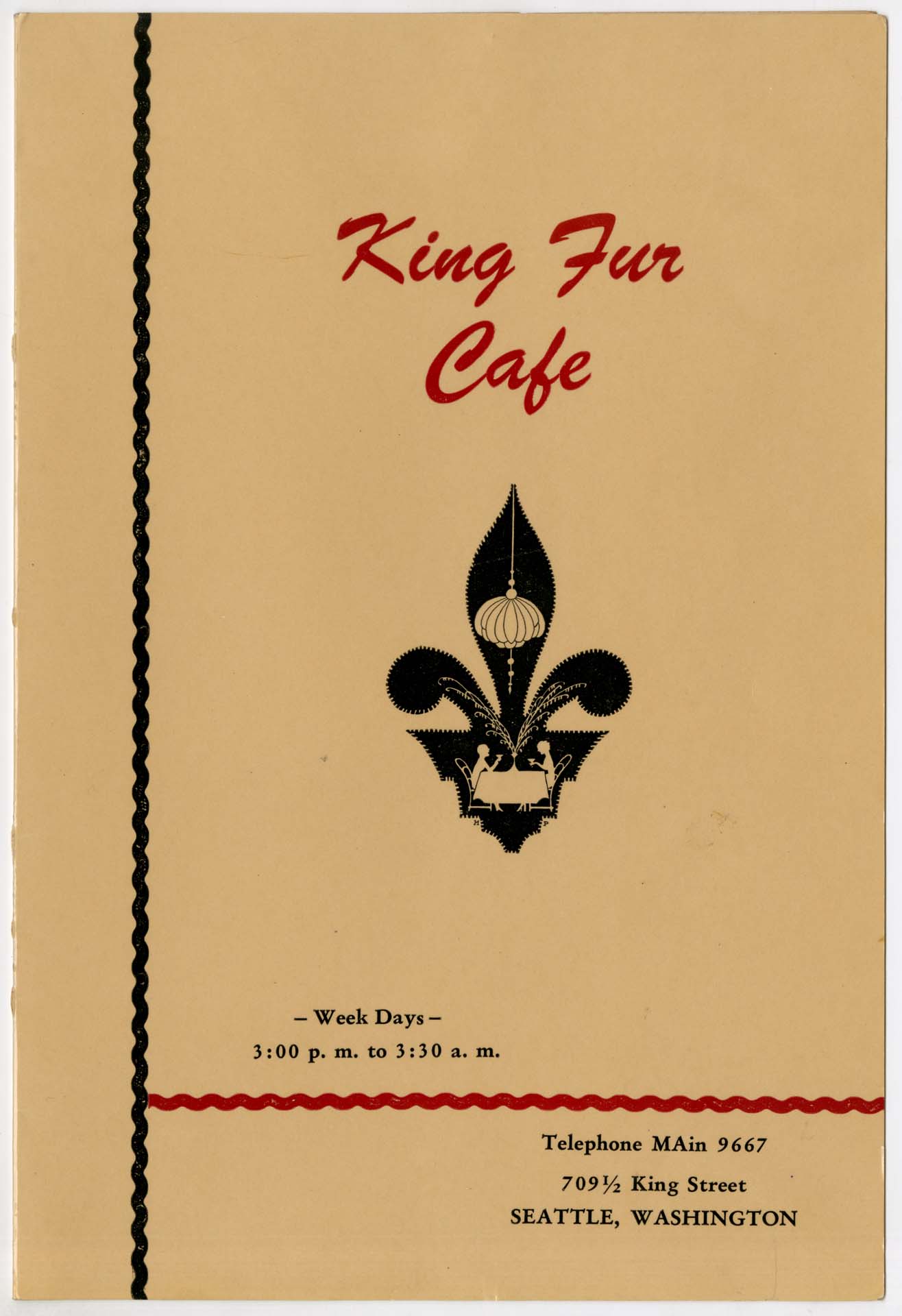 Image of King Fur Cafe menu, circa 1945