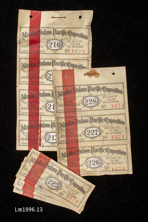Image of Ticket books with black leather case from the Alaska-Yukon-Pacific Exposition (AYPE) in Seattle, 1909