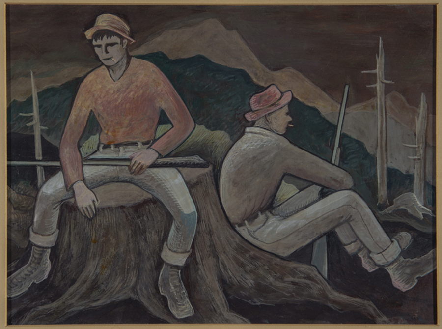 Image of Gouache painting of two hunters resting on a stump, untitled, by Richard Bennett, ca. 1930s