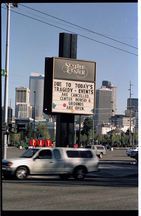 Image of Seattle Center event cancellation sign, September 11, 2001