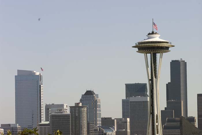 Image of Space Needle with flag at half-mast, September 11, 2001