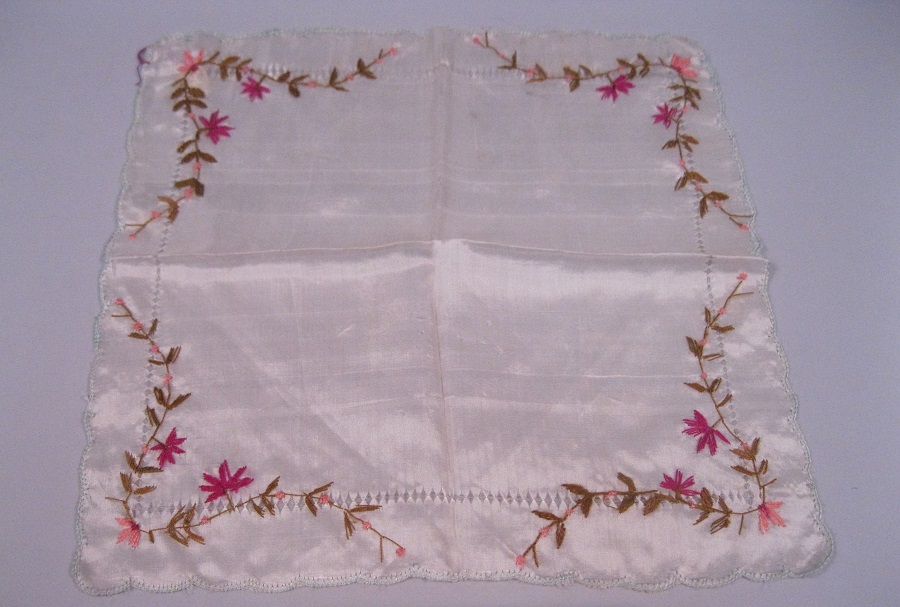 Image of White silk handkerchief with floral design, ca. 1910