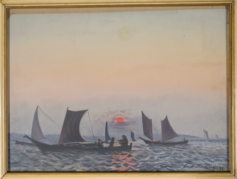 Image of Oil painting of sailboats on Puget Sound by Emily Inez Denny, 1888