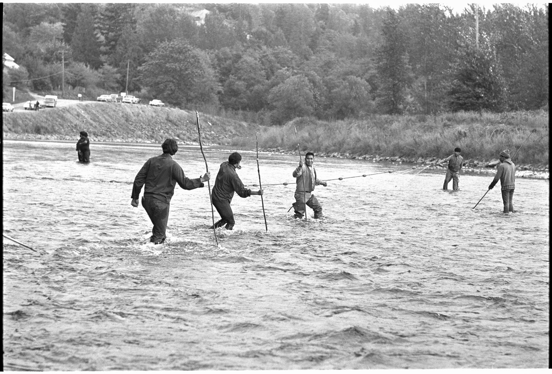 Image of Muckleshoot Tribe members practicing their fishing rights in Green River, Auburn, October 4, 1970