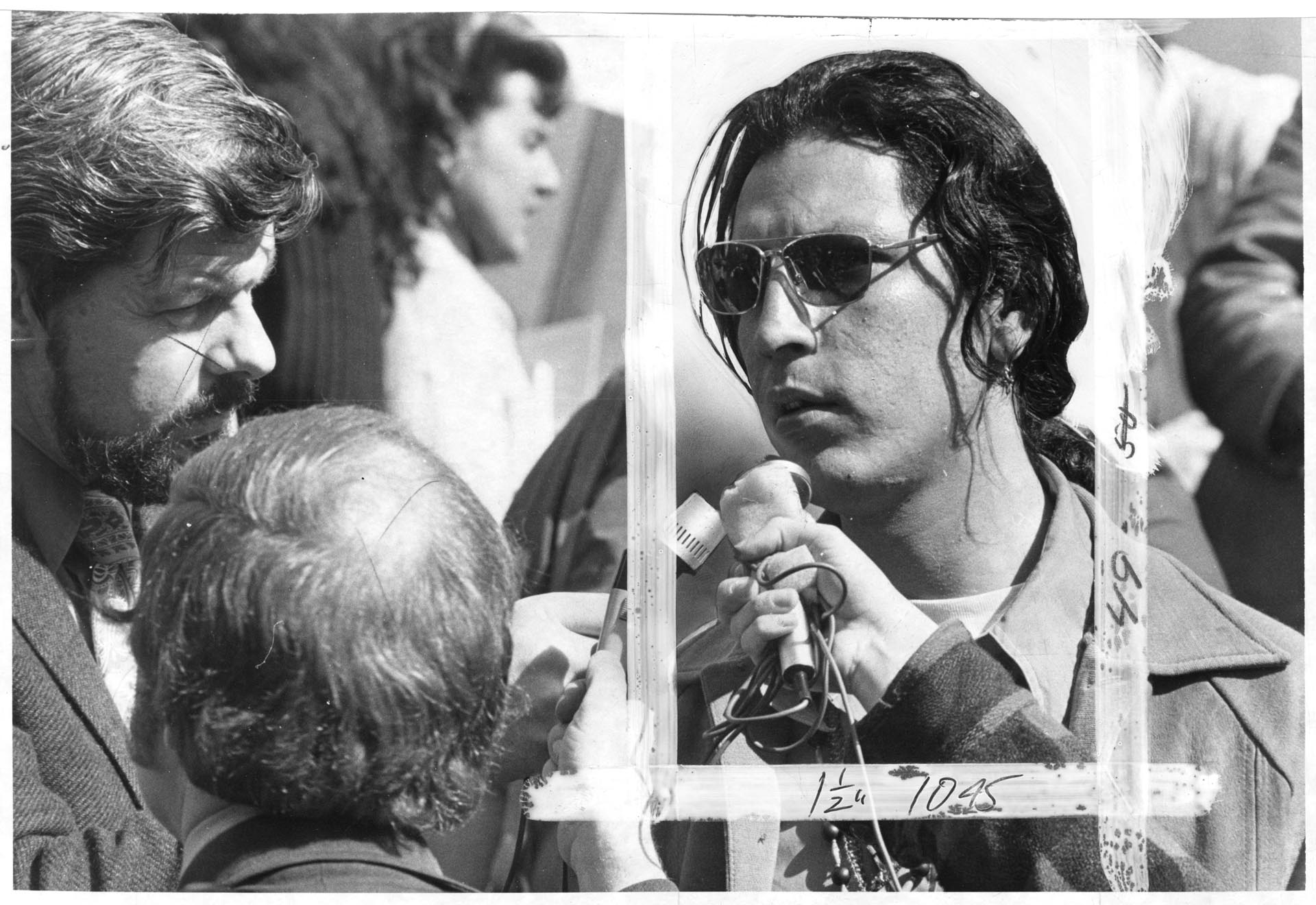Image of Steve Robideau speaking to press at Wounded Knee march, Seattle, March 21, 1973