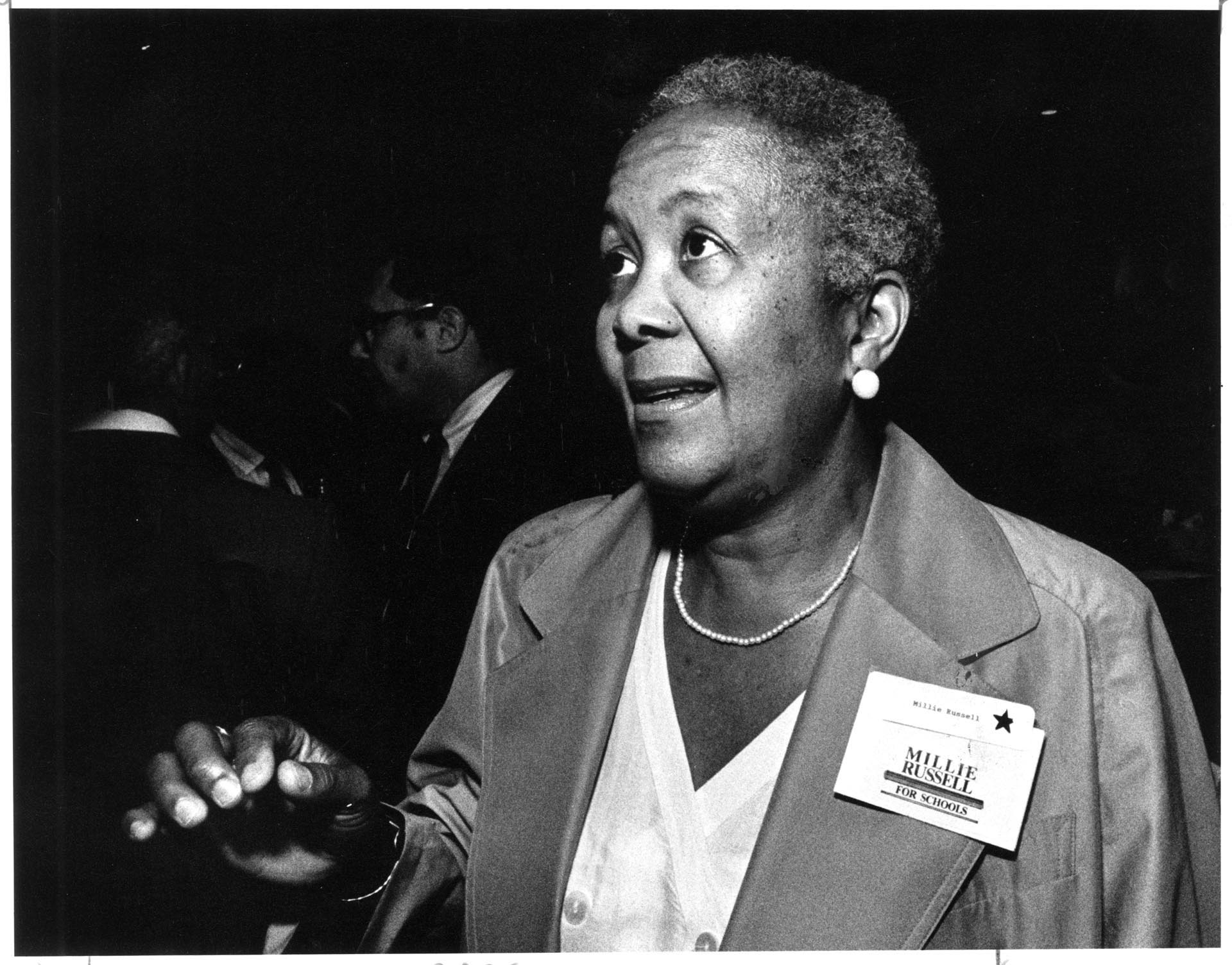 Image of Millie Russell campaigning for Seattle School Board position, Seattle, September 19, 1989