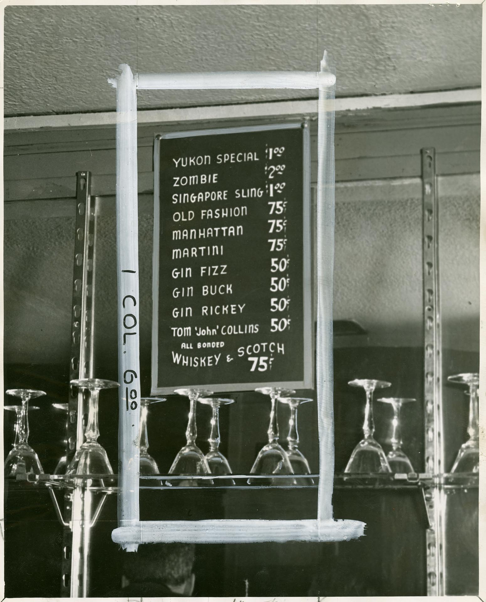 Image of Price list displayed at Yukon Club, 87 Pike Street, Seattle, November 30, 1947