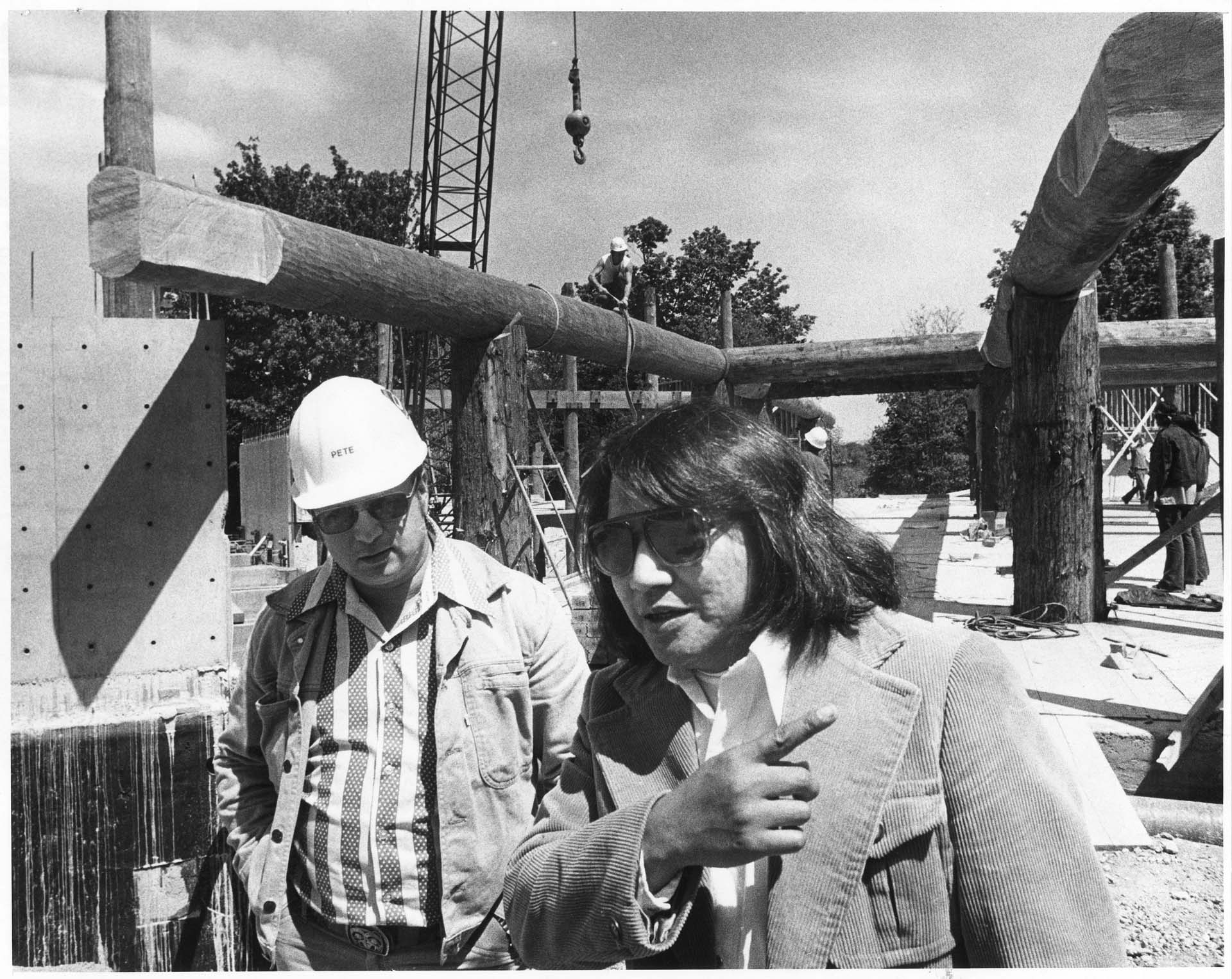 Image of Bernie Whitebear and Pete Schnurman at Daybreak Star construction site, Seattle, June 9, 1976
