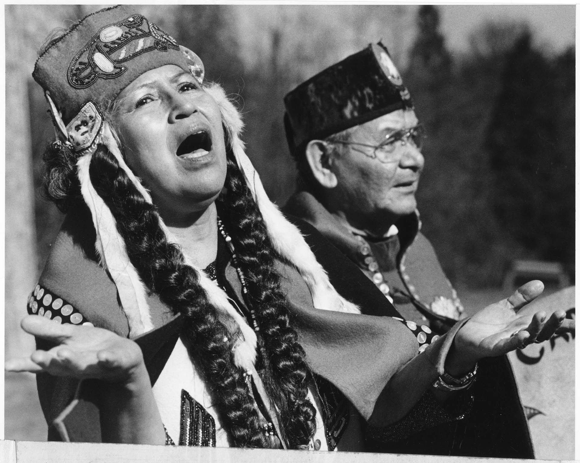 Image of Cecilia and George White welcoming visitors at Daybreak Star Cultural Center, Seattle, March 8, 1985