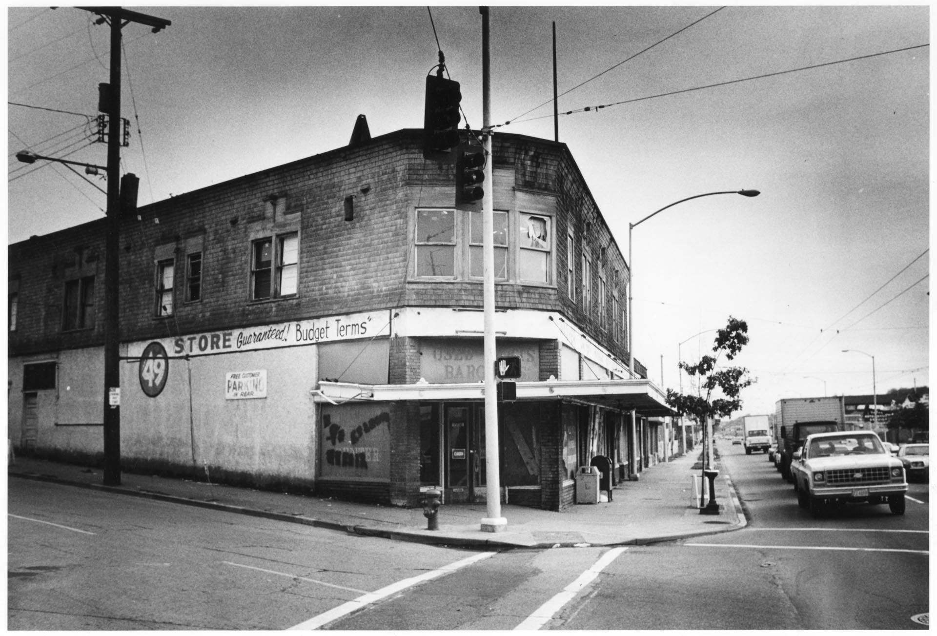 Image of Apartment building set for demolition, Seattle, February 10, 1982