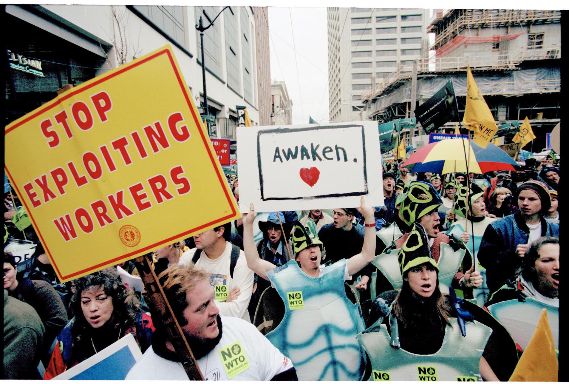 Image of Demonstrators in turtle costumes at WTO protest, Seattle, November 29, 1999