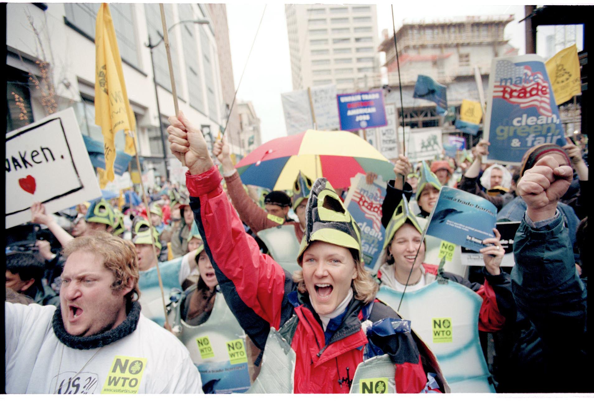 Image of Demonstrators in turtle costumes at WTO protest, Seattle, November 29, 1999