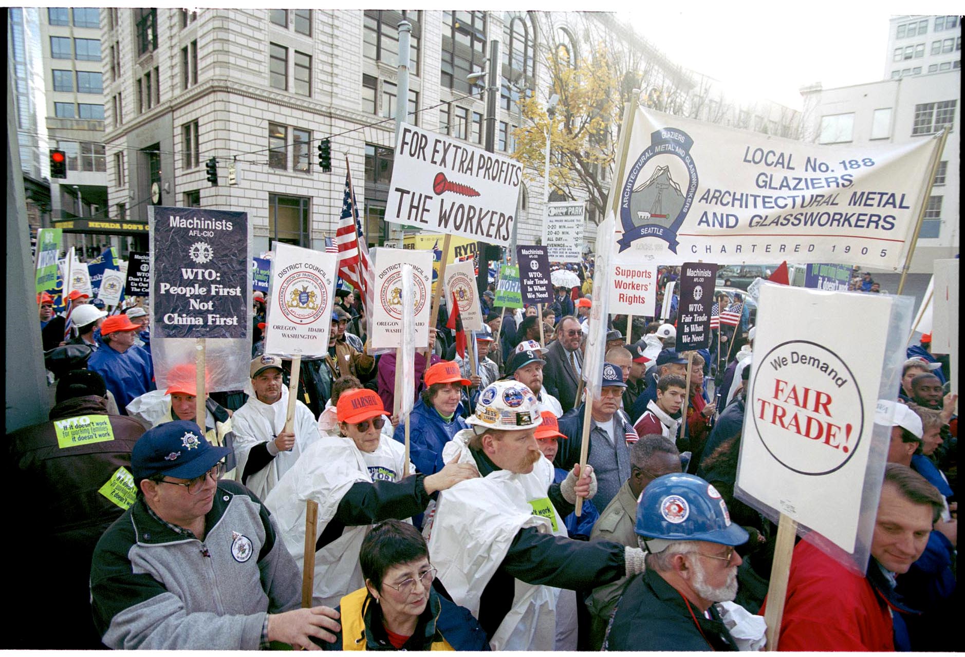 Image of Labor unions demonstrators at WTO protest march, Seattle, November 30, 1999