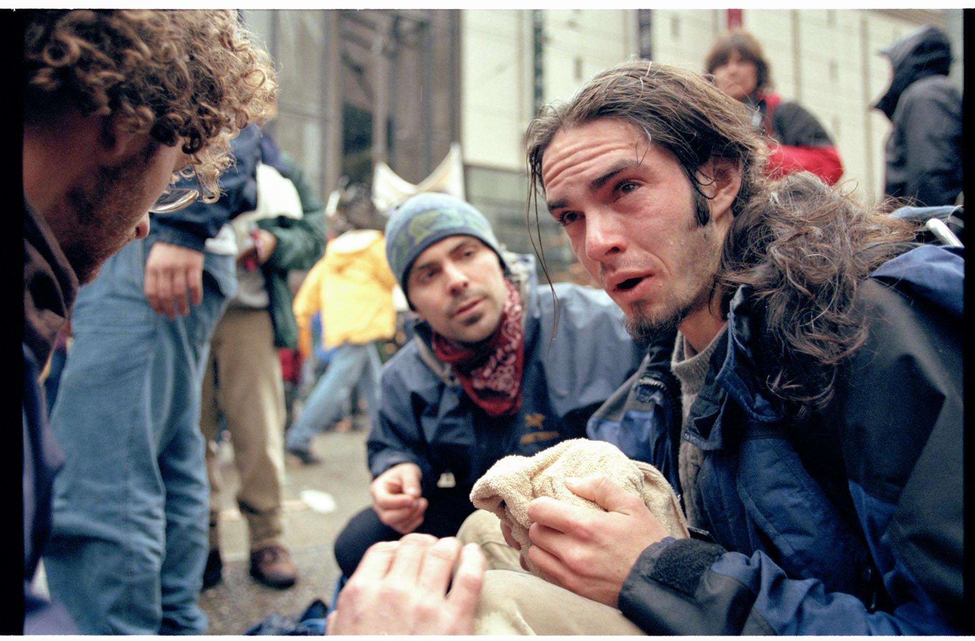 Image of Protester being treated for tear gas exposure at WTO protest, Seattle, November 30, 1999