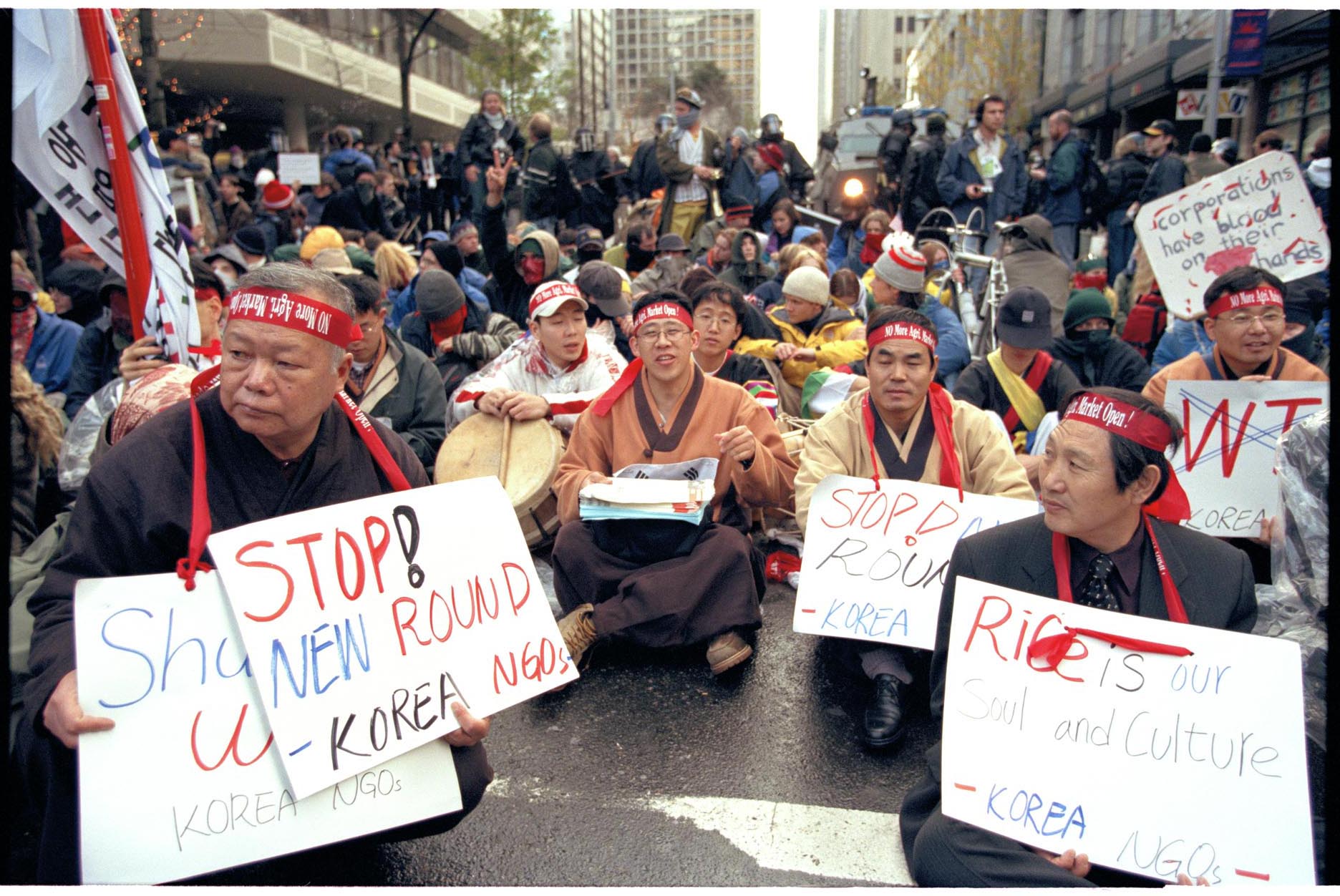 Image of Korean farmers at WTO protest, Seattle, November 30, 1999