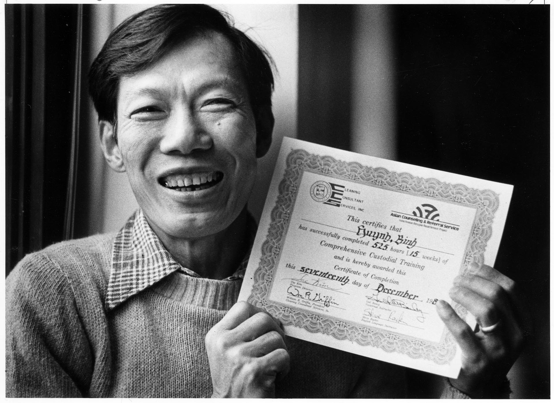 Image of Binh Huynh with training diploma, Seattle, December 17, 1982