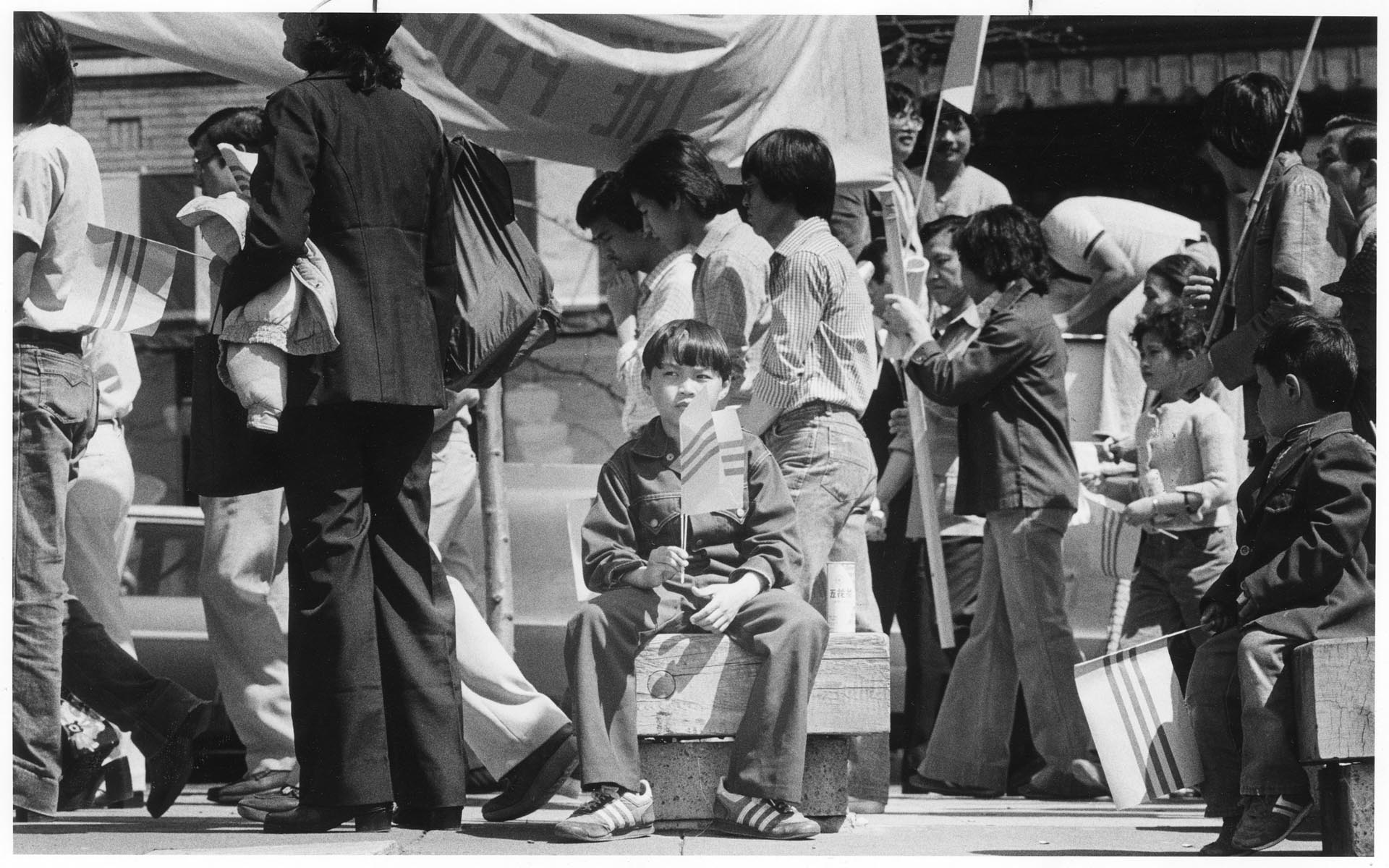 Image of Demonstrators marching at Hing Hay Park, Seattle, May 1, 1982