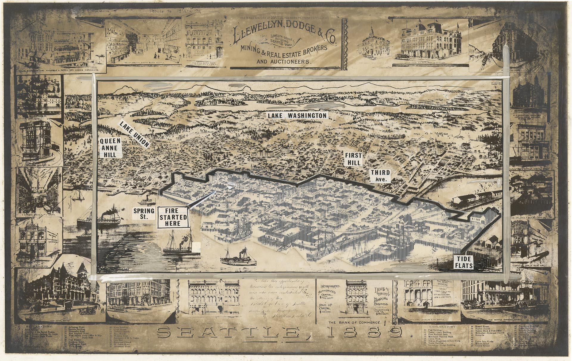 Image of Map of Seattle, 1889, with Great Fire area drawn on top, circa 1990s