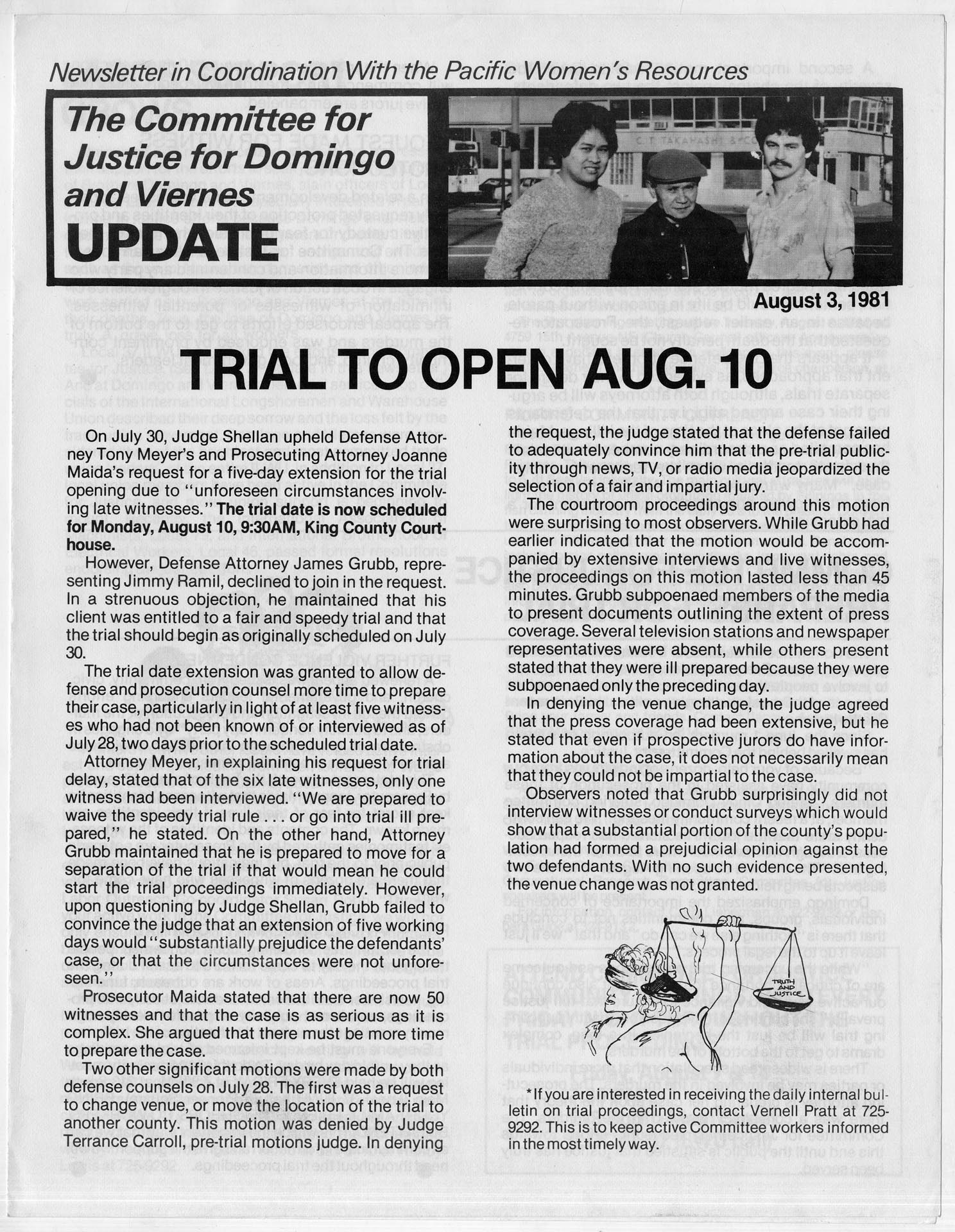 Image of The Committee for Justice for Domingo and Viernes newsletter, Seattle, August 3, 1981
