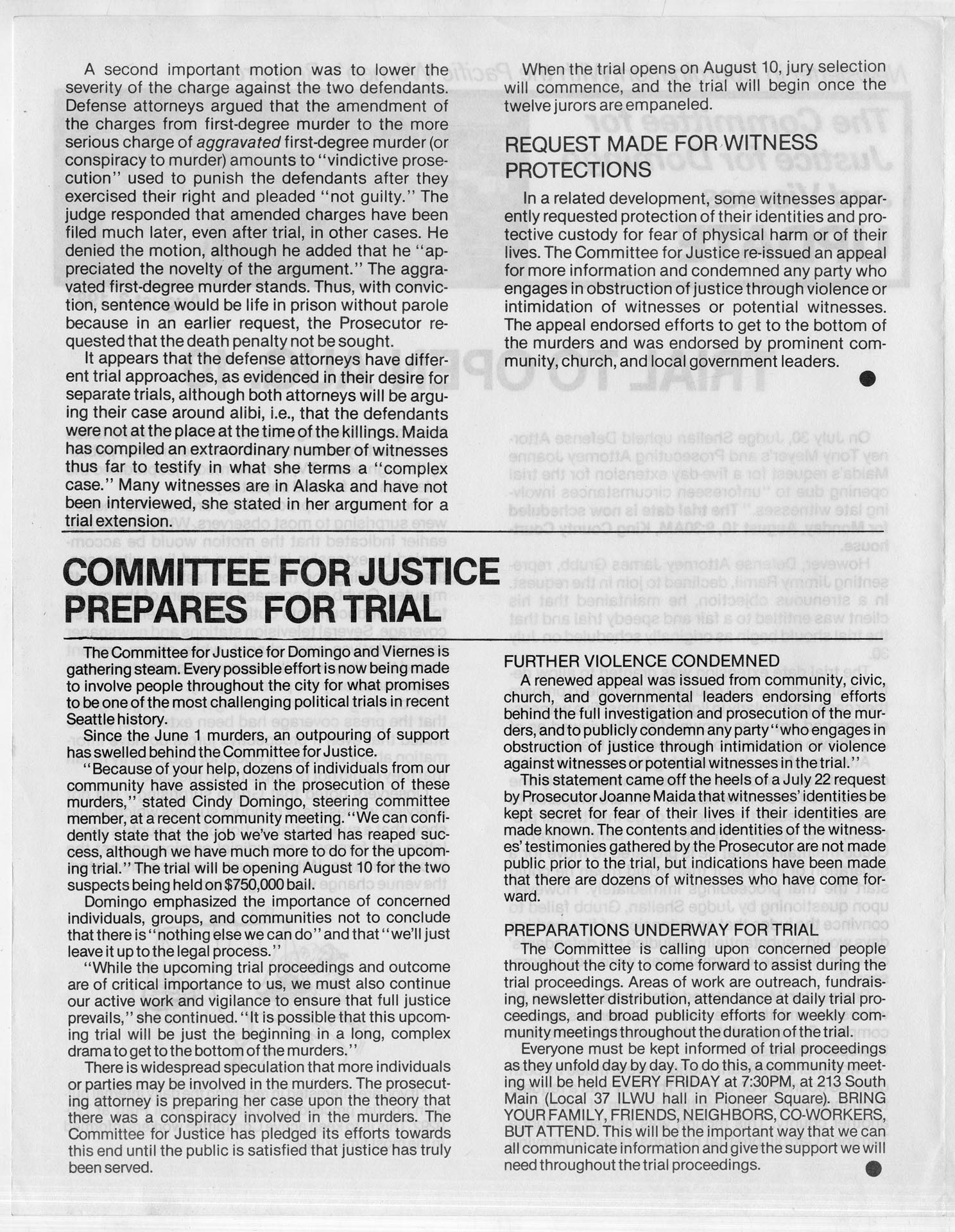 Image of The Committee for Justice for Domingo and Viernes newsletter, Seattle, August 3, 1981