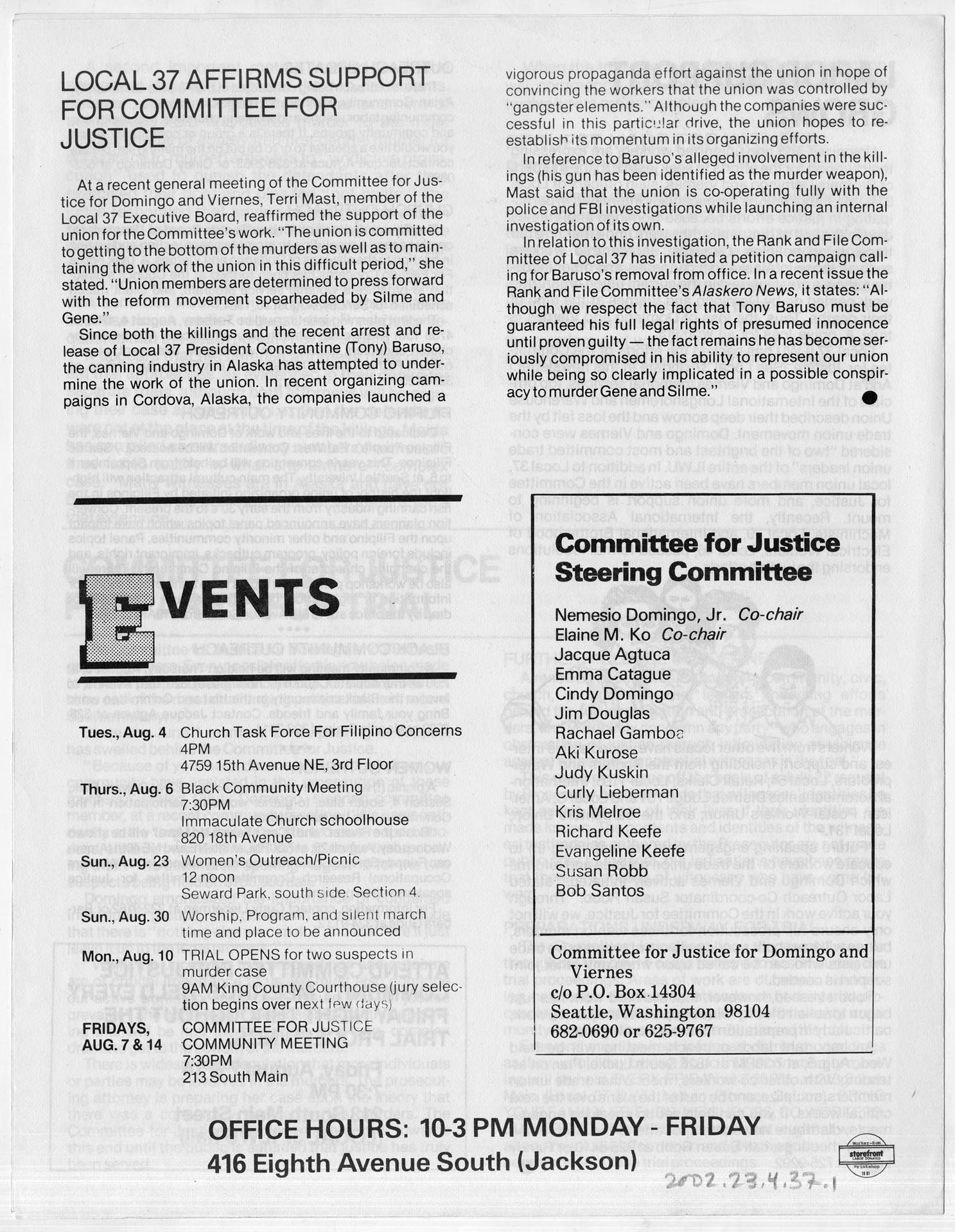Image of The Committee for Justice for Domingo and Viernes newsletter, Seattle, August 3, 1981