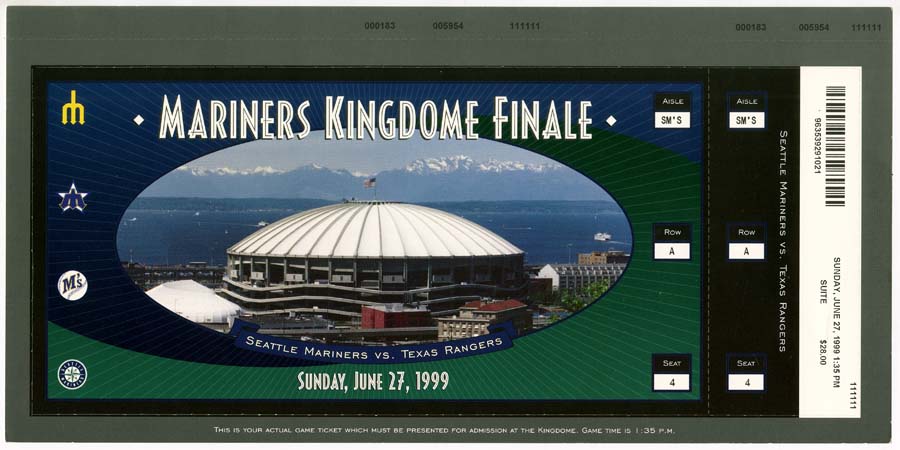 Image of Pair of oversized tickets to the Seattle Mariners vs. Texas Rangers Kingdome Finale on June 27, 1999