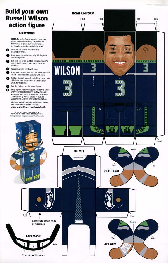 Image of Pair of souvenir paper dolls of Russell Wilson from Super Bowl XLVIII on February 2, 2014, when the Seattle Seahawks beat the Denver Broncos 43-8