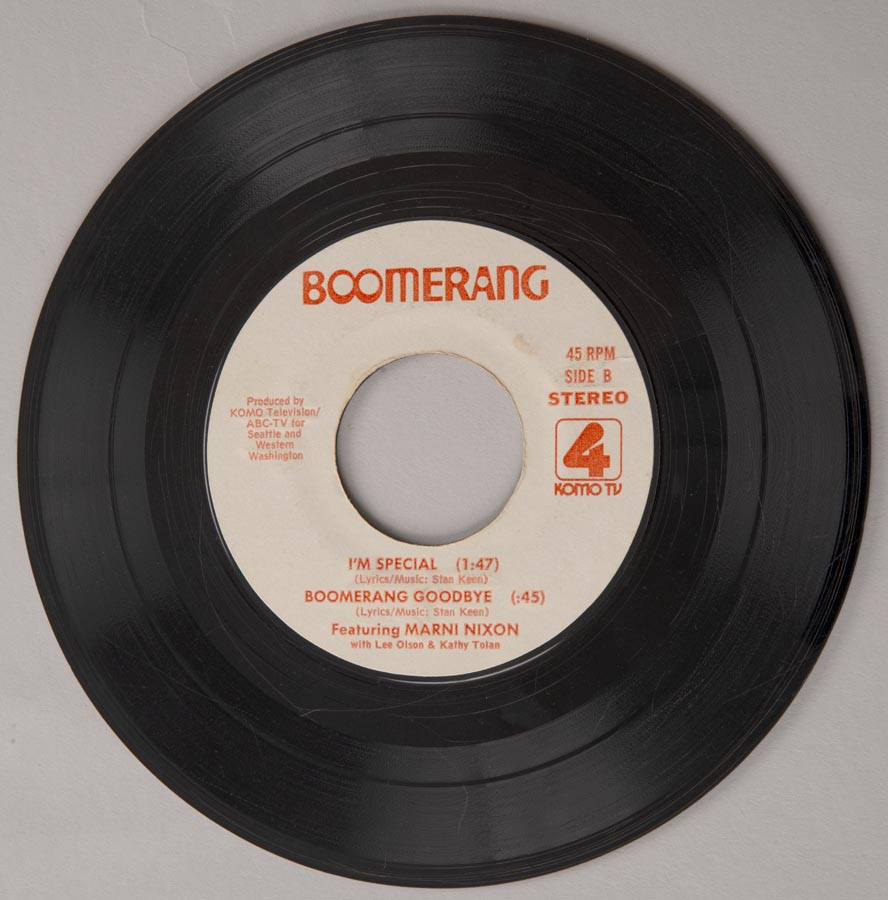 Image of Vinyl record, 45 RPM, with songs from the Seattle children's television show, Boomerang, ca. 1975-1980